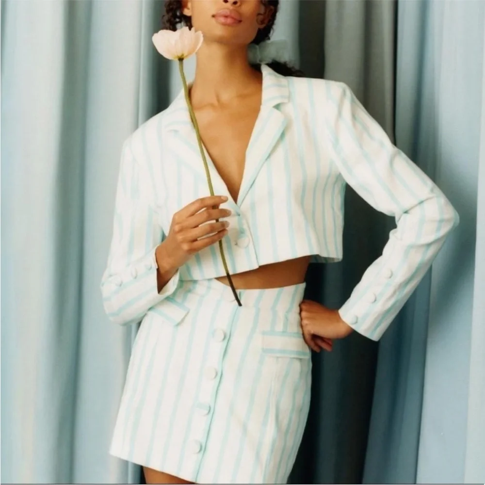 NWOT For Love and Lemons Aqua White Striped Cropped Linen Blazer Jacket Small - Picture 2 of 9